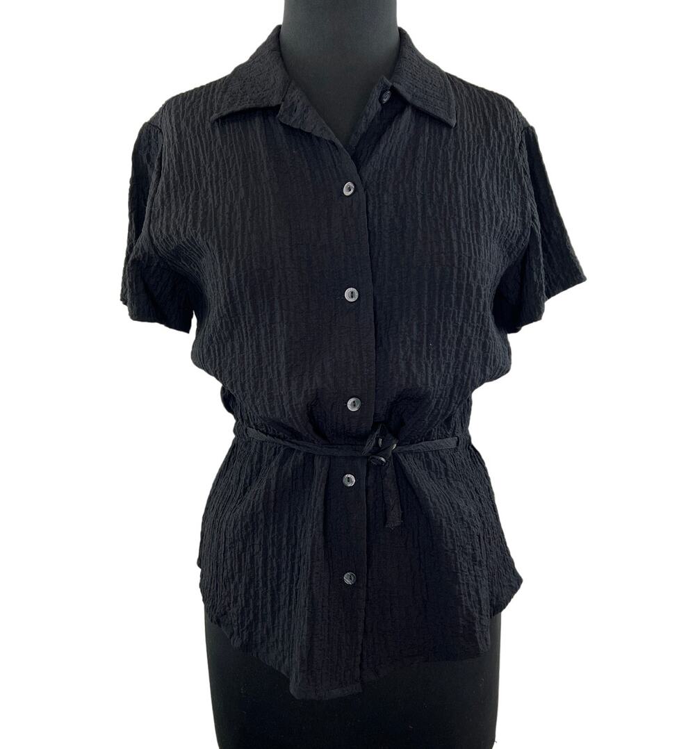 WOOLRICH Crinkle Black Short Sleeve Button-Down Tie Waist Women's Shirt S Small